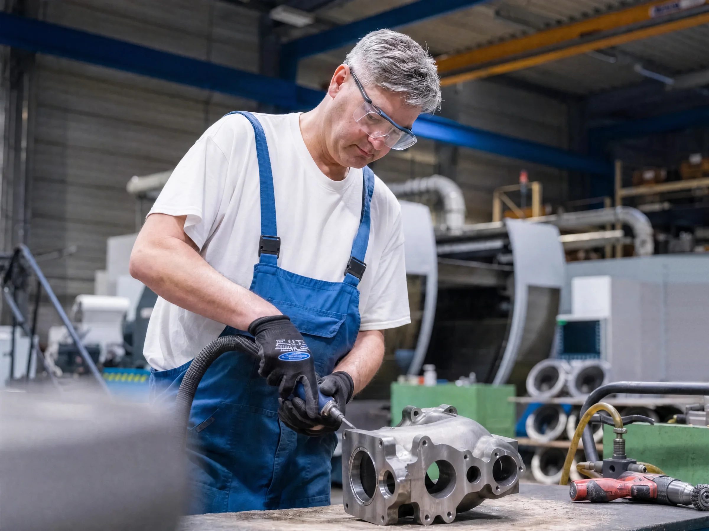 Metallbau bei sk Kromer Radolfzell: Facharbeiter bearbeitet ein Gussgehäuse in der CNC-Fertigungshalle