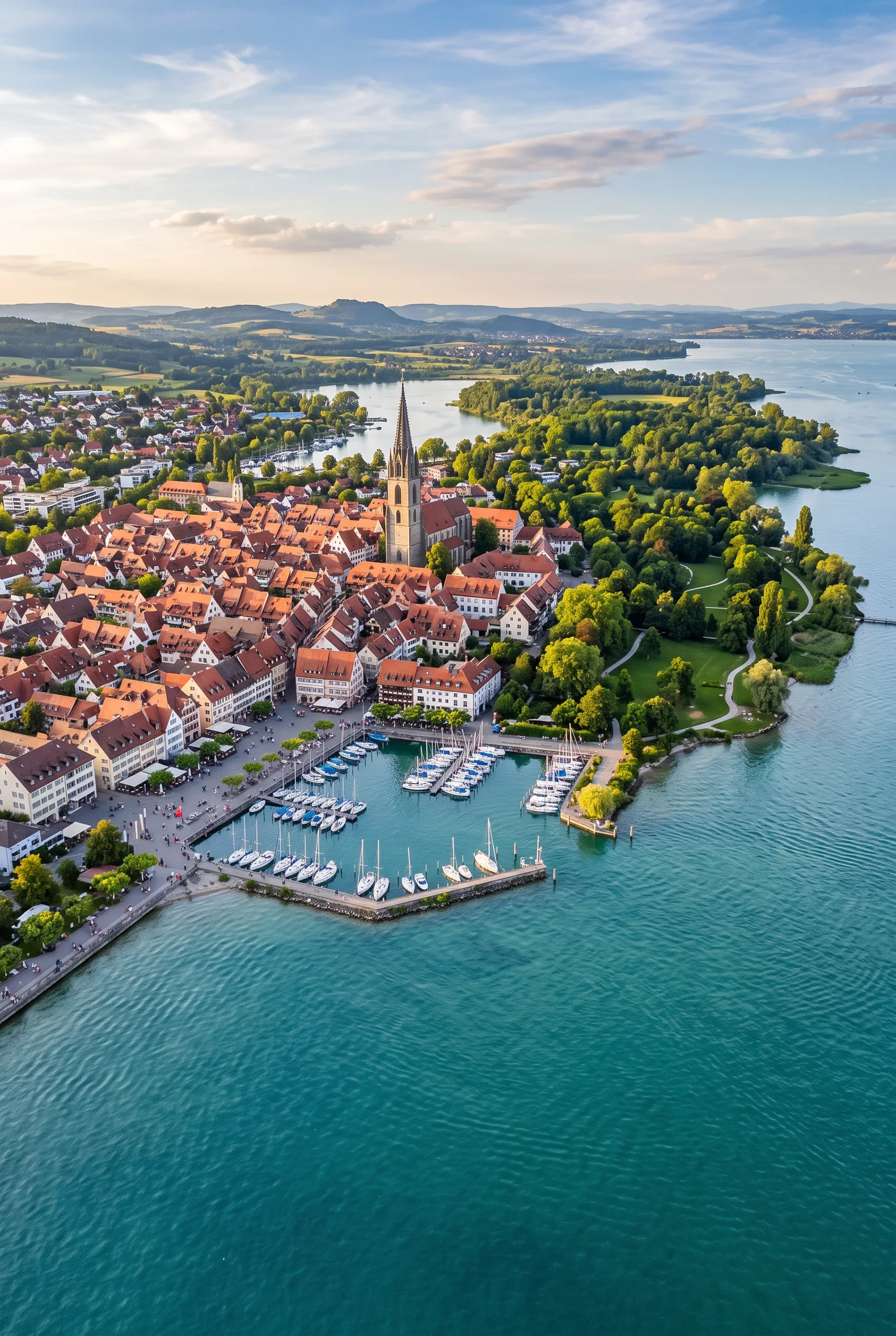 Drohnenaufnahme von Radolfzell am Bodensee mit Münster, Hafen und Mettnau, dem Standort der sk Kromer GmbH